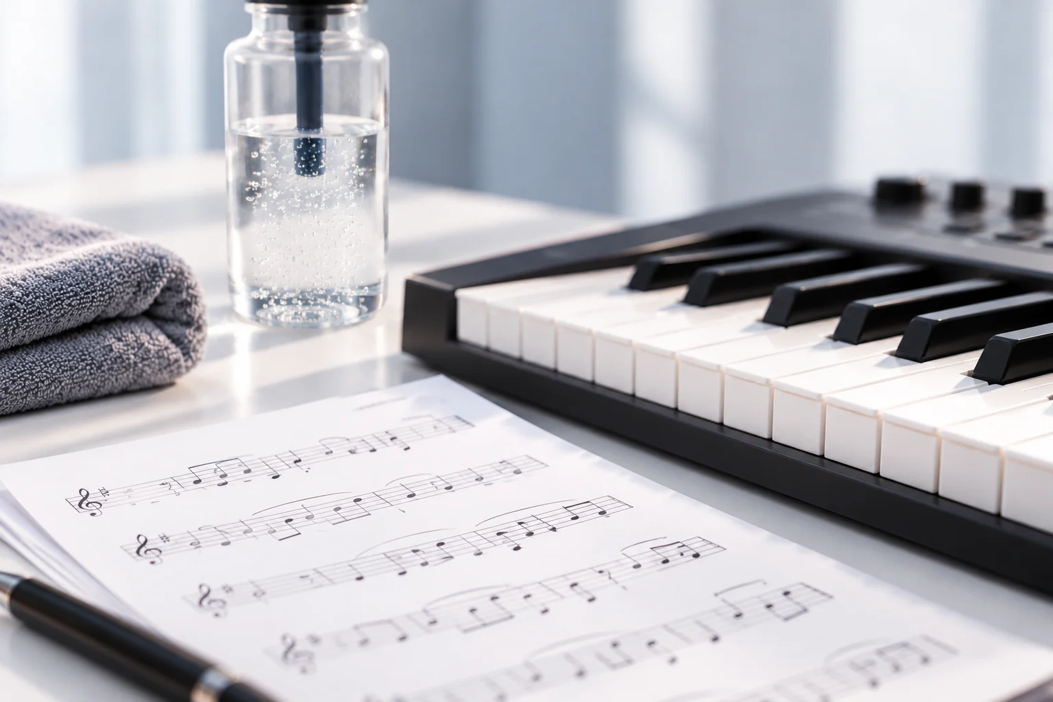 Teclado musical y partitura para entrenamiento vocal, con una botella de ejercicios en segundo plano