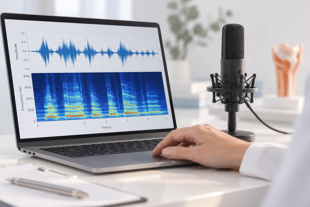 Micrófono y computador con visualización ilustrativa de un análisis acústico vocal